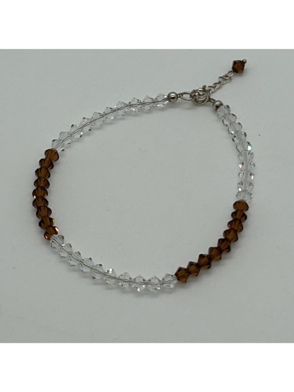 Bicone Crystal Bracelet Clear & Brown Beads Faceted Adjustable Dainty Minimalist - Picture 9 of 10